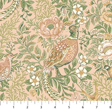 Pastel pheasants and floral motifs on a pale peach background. Sage and peach are dominant colors