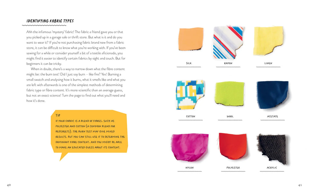 Book page with fabric type identification chart showing various colored fabric swatches and text.