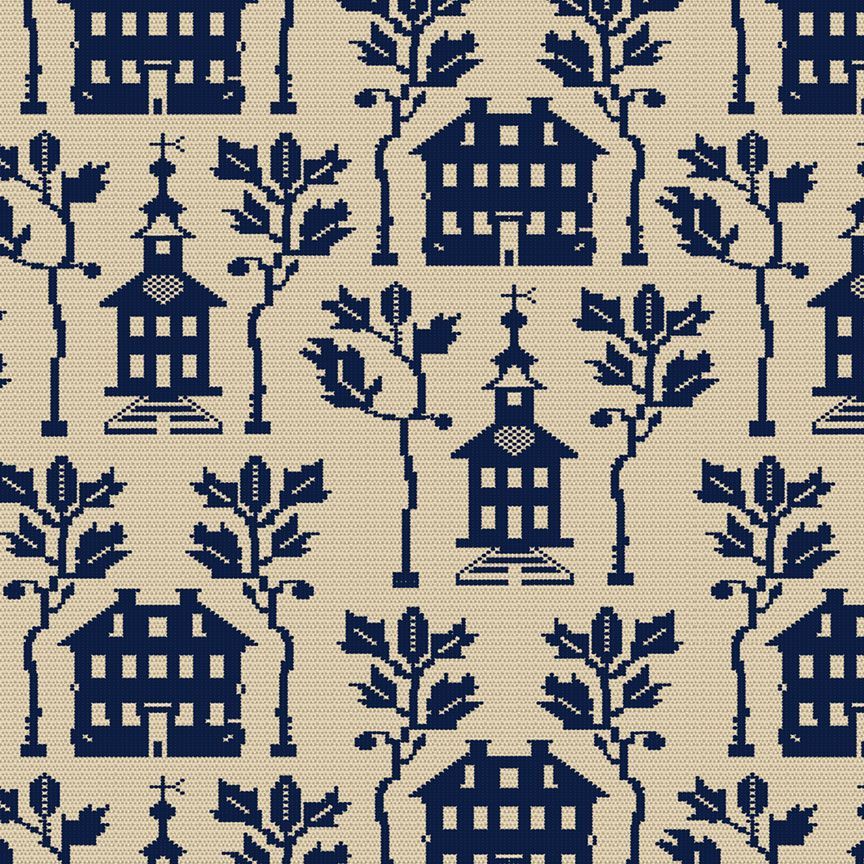 Marcus Fabrics - Indigo Schoolhouses - School House - Beige