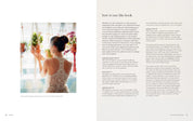 Page from a book showing a woman in a lace dress holding flowers with text on how to use the book.