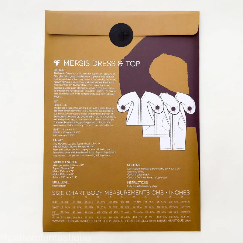 Package of MERSIS DRESS & TOP with text and illustrations on a brown background