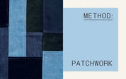 Text 'METHOD: PATCHWORK' on a blue and black patchwork pattern