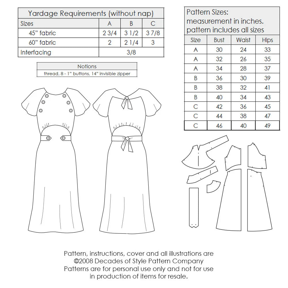 Decades of Style - #3007 1930s Button Dress - PDF and Printed Pattern