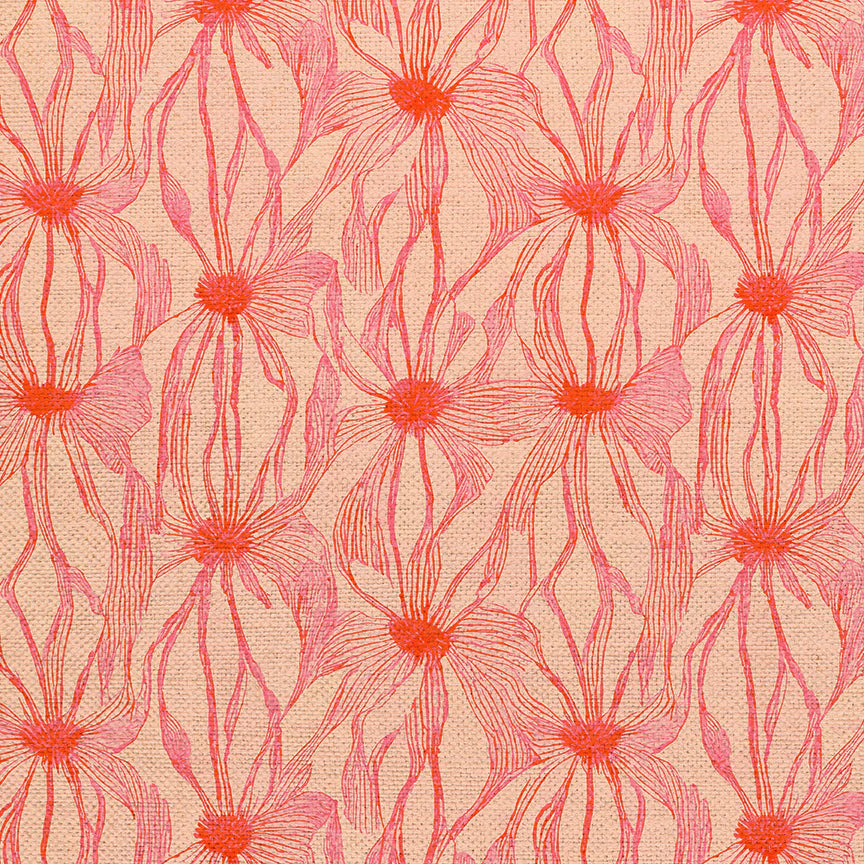 Canvas fabric swatch of red linework flowers on a cream background.
