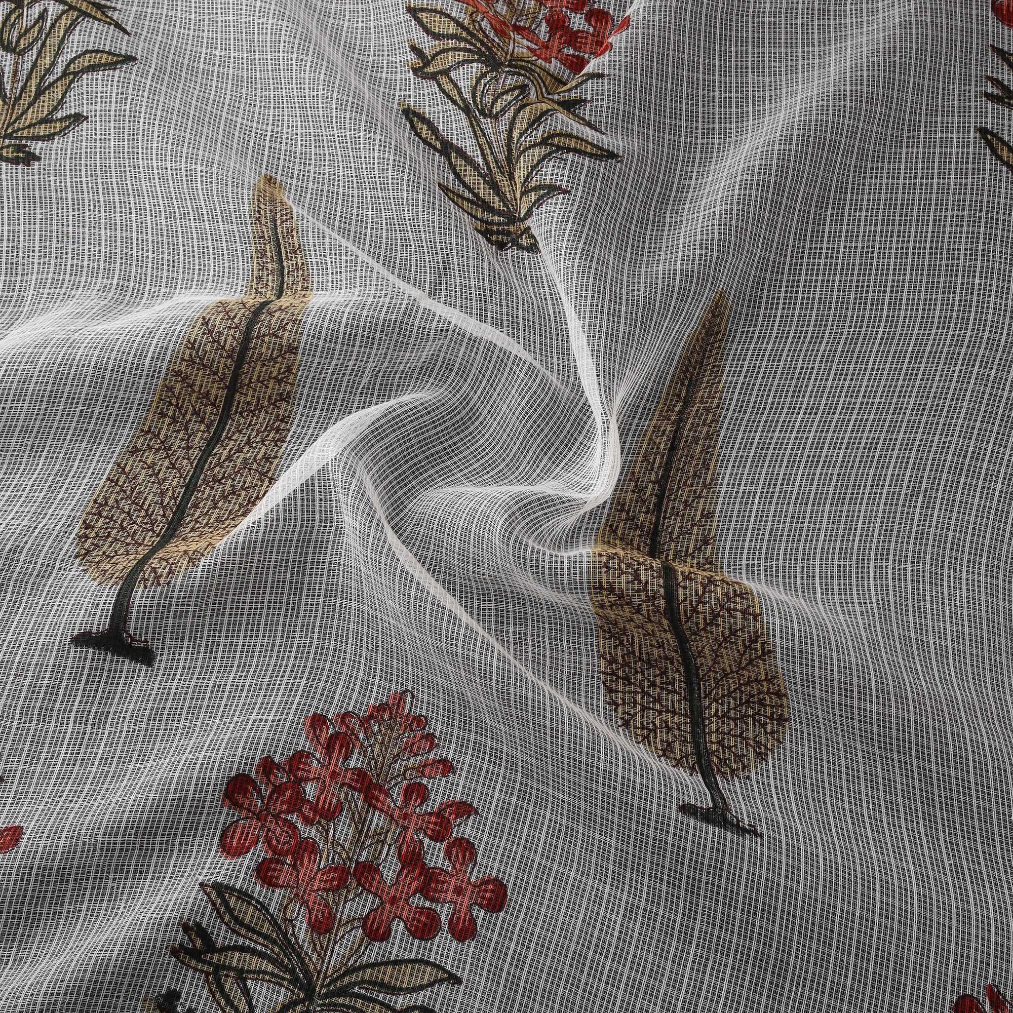 Sanganeri Hand Block Print - Doria Cotton - Leaves and Flowers - White
