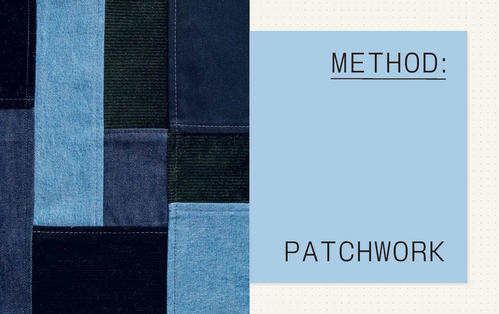 Text 'METHOD: PATCHWORK' on a blue and black patchwork pattern