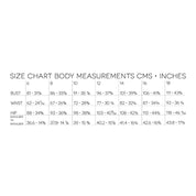 Size chart for body measurements in centimeters and inches.
