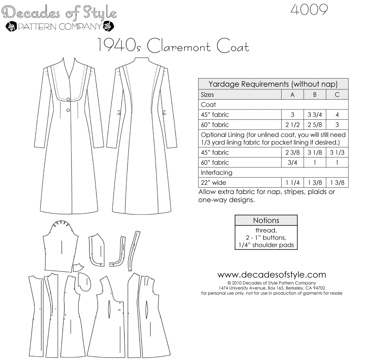 Decades of Style - #4009 1940s Claremont Coat - PDF and Printed Pattern