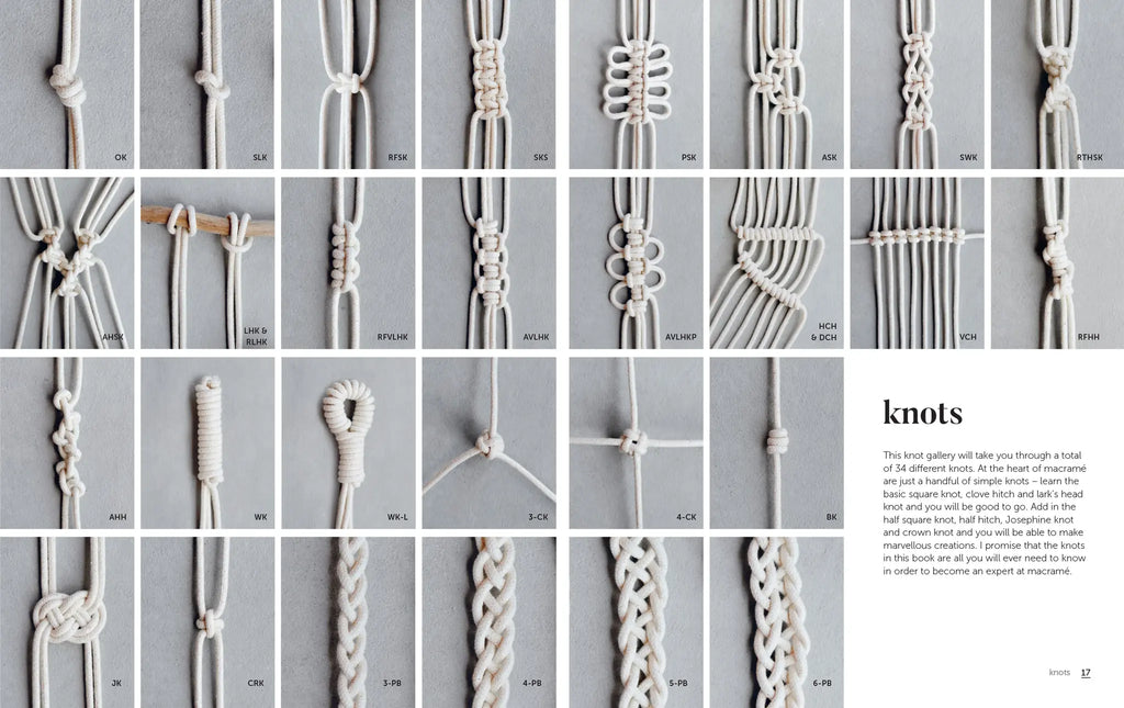 Grid of macrame knotting tutorials on a gray background