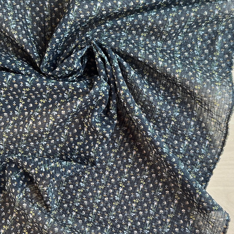 Hokkoh - Seersucker Cotton Lawn - Tiny Floral Stripe - Black