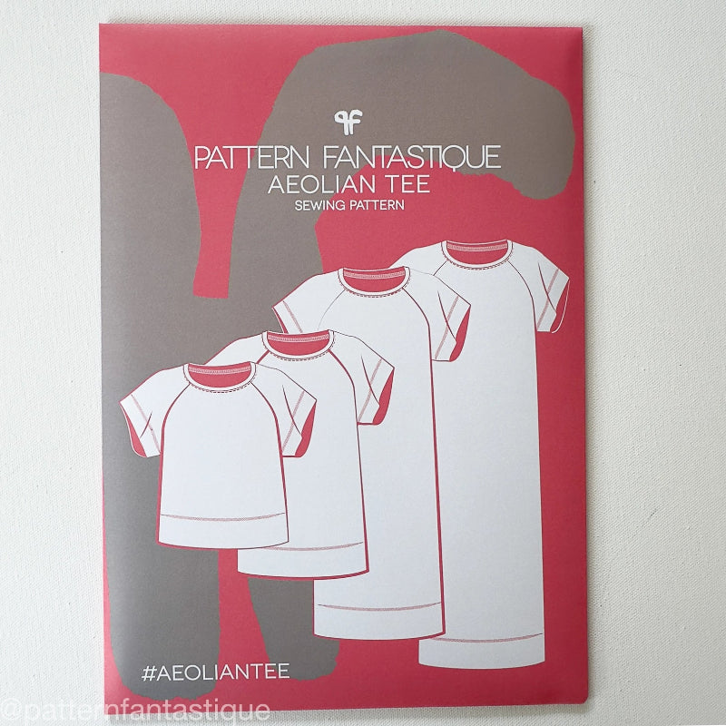 Sewing pattern packaging for 'Aeolian Tee' by Pattern Fantastique on a red background.
