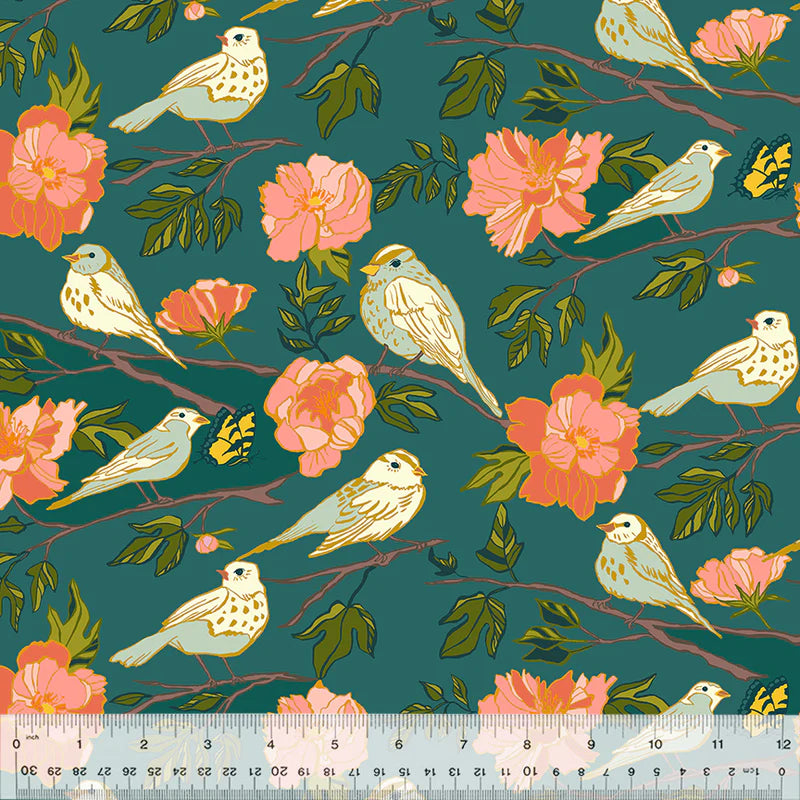Floral pattern with birds and flowers on a teal background, ruler at the bottom.