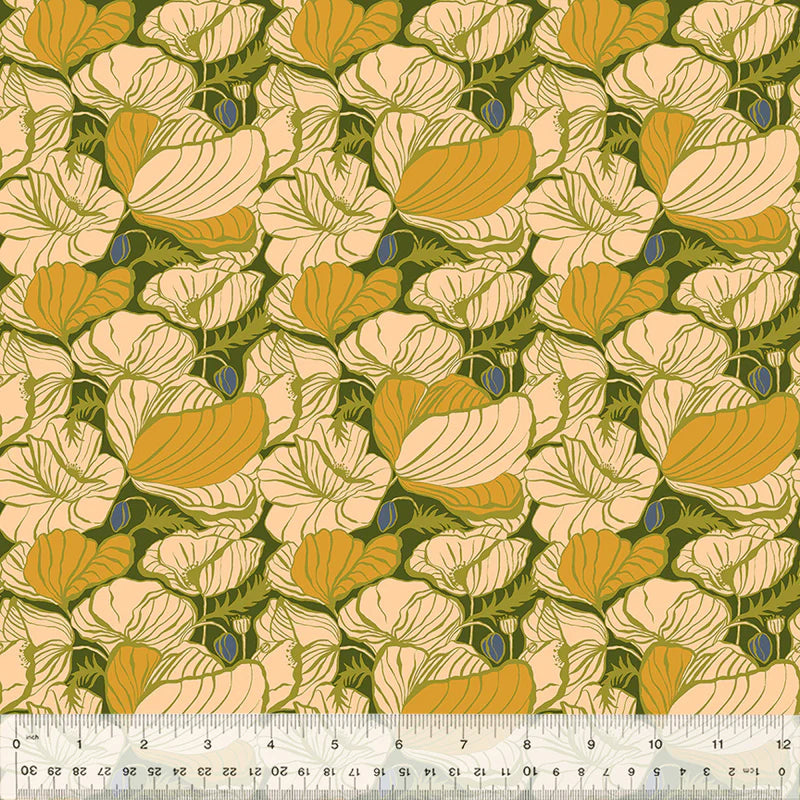 Fabric swatch of large scale gold and beige poppies on an olive background with a ruler at the bottom