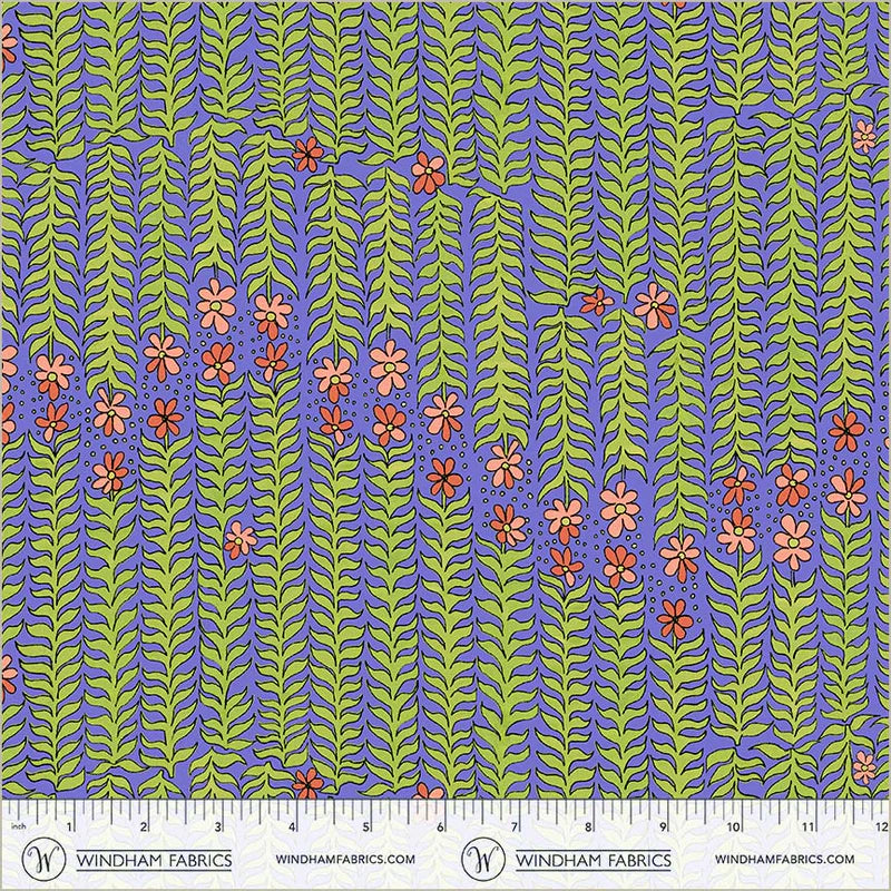 Fabric Swatch with Pink flowers and long stems growing toward each other from opposite directions on a periwinkle background