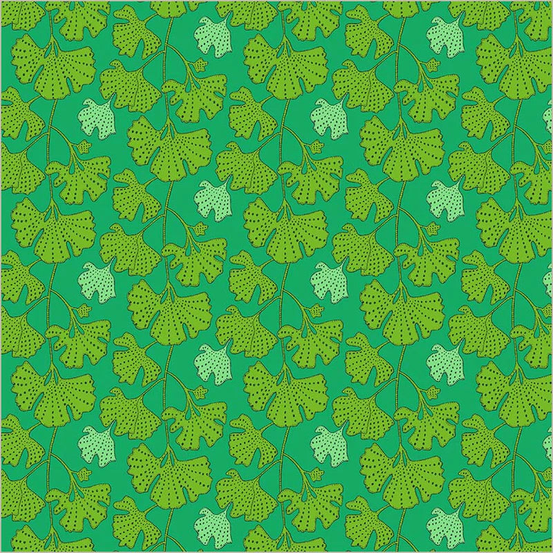 Fabric pattern of green leaves on a kelly background
