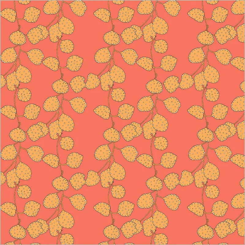 Pattern of yellow leaves on a coral background