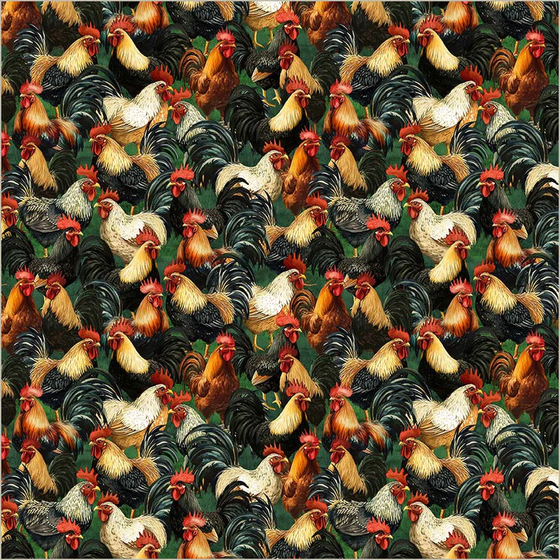 Fabric swatch with realistic roosters on a green background