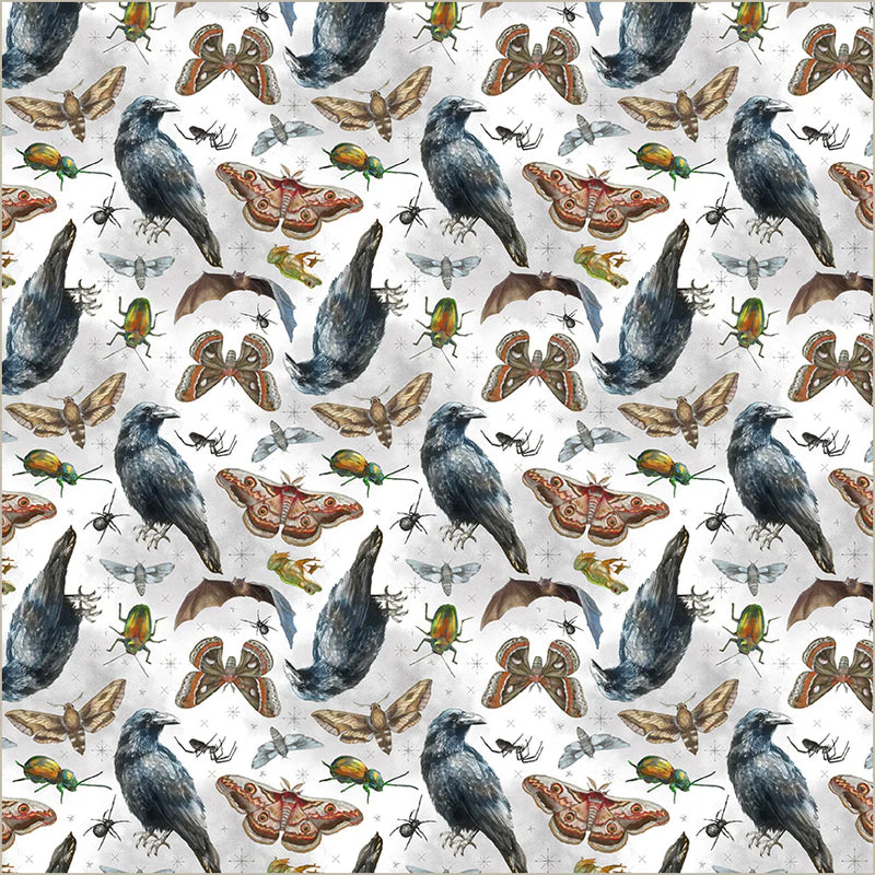 Fabric pattern of birds and butterflies on a white background