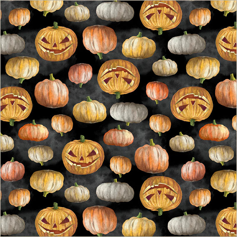 Pattern of jack-o'-lanterns and pumpkins on a black background