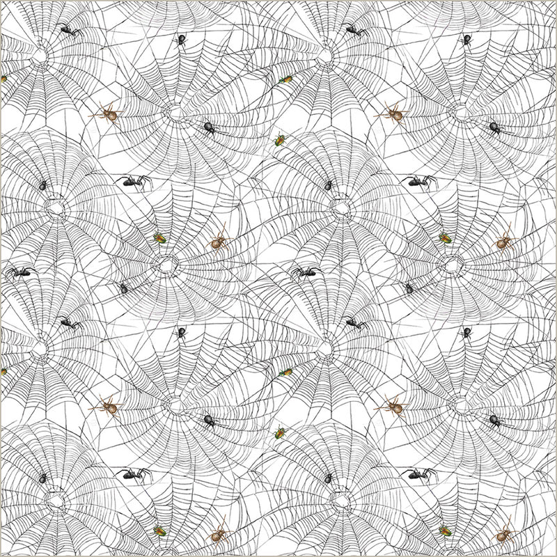 Fabric pattern of spider webs with spiders and insects on a white background