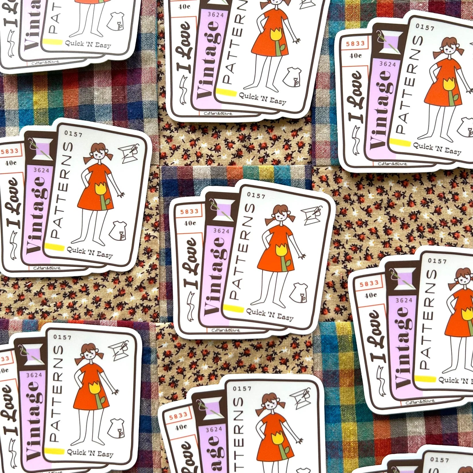 Sticker with "I love wintage patterns" text with an image of a girl with a red dress with a yellow tulip