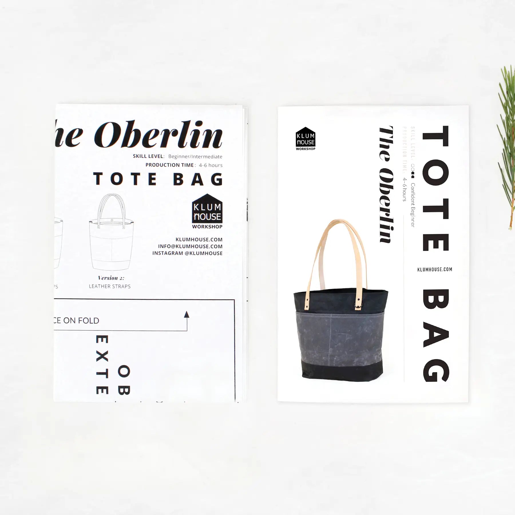 Denim tote bag with branding and design elements on a white background