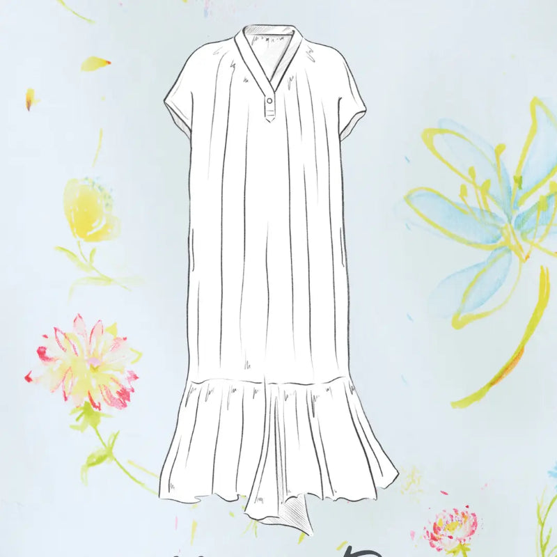 A fashion illustration of a white short-sleeve dress with a V-neckline and ruffled hem, set against a light blue background with watercolor floral details.