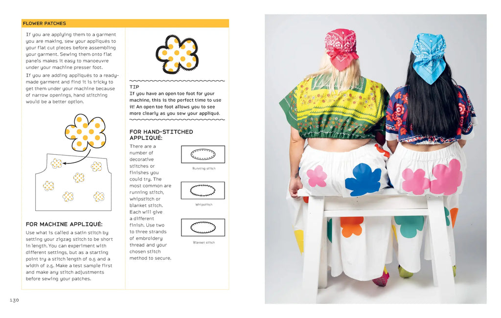 Colorful clothing with floral patches and a guide on how to apply them.