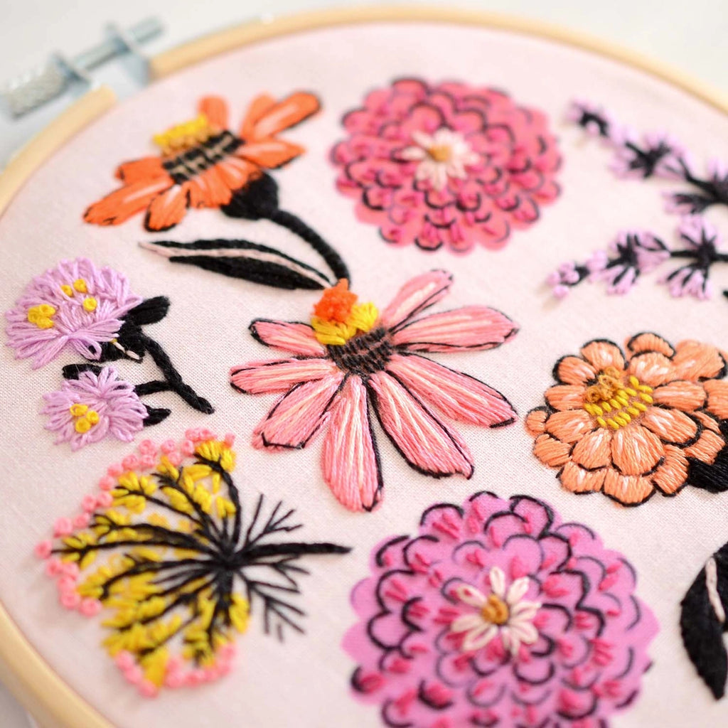 Embroidery hoop with colorful floral patterns