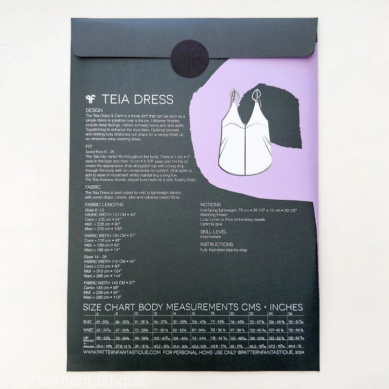 Pattern envelope with 'Teia Dress' design details and size chart on a white background