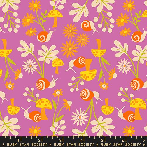 Snails and stylized flora on a heliotrope purple background