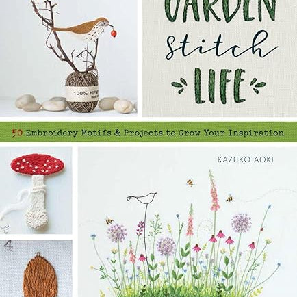 Book cover of "Garden Stitch Life" featuring embroidered nature icons