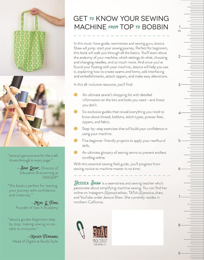 Book cover with text and images of a sewing machine and green bag, featuring Jessica Shaw's name.