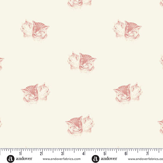 Fabric pattern with cat illustrations on a white background, featuring Andover Fabrics branding.