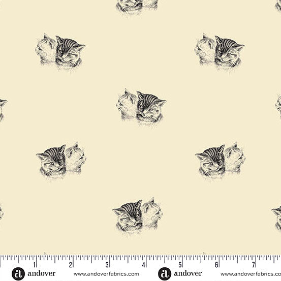 Pattern of black and white cat illustrations on a beige background with Andover Fabrics branding.