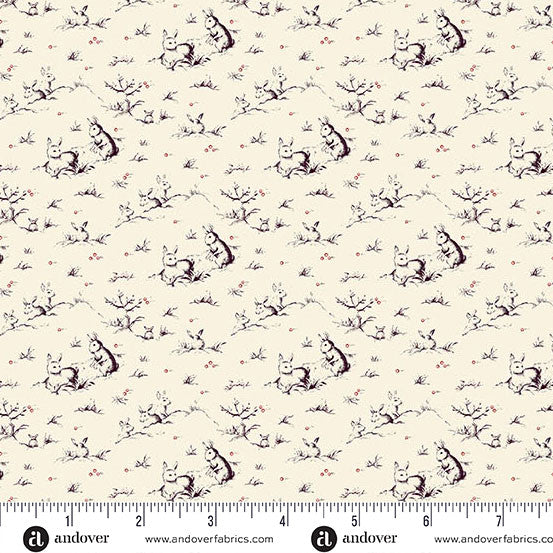 Fabric pattern with small animal illustrations on a beige background, featuring Andover Fabrics branding.
