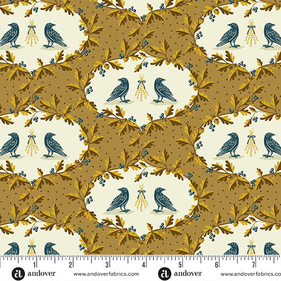 Fabric pattern with birds and leaves on a beige background, featuring Andover Fabrics branding.