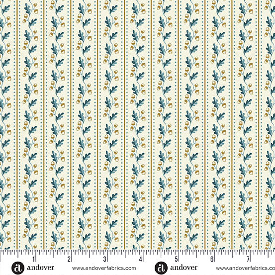 Floral stripe pattern fabric with a ruler at the bottom for scale, featuring blue and green leaves on a beige background.