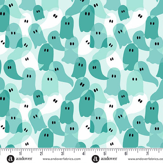 Pattern of teal ghosts on a light blue background with a ruler at the bottom.
