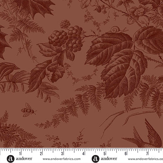Raison colored fabric with nature-themed design featuring leaves, berries, and a bee, with a ruler at the bottom for scale.