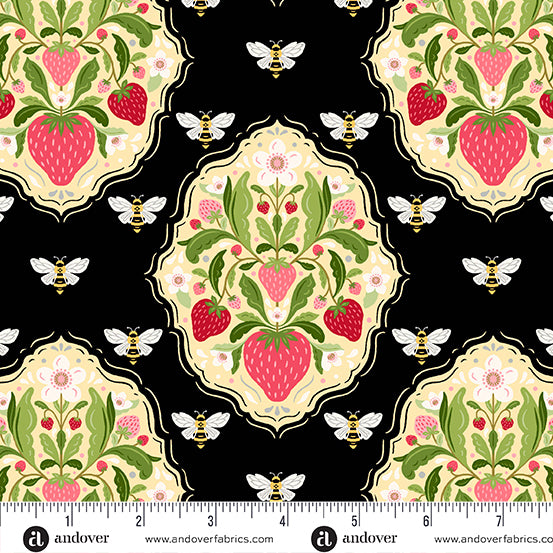 Strawberry plant cluster with fruit and flowers on a yellow ground motifs in diagonal rows with bees on a black background between them