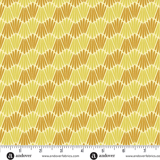 Patterned fabric swatch with a ruler at the bottom, featuring yellow and orange colors.