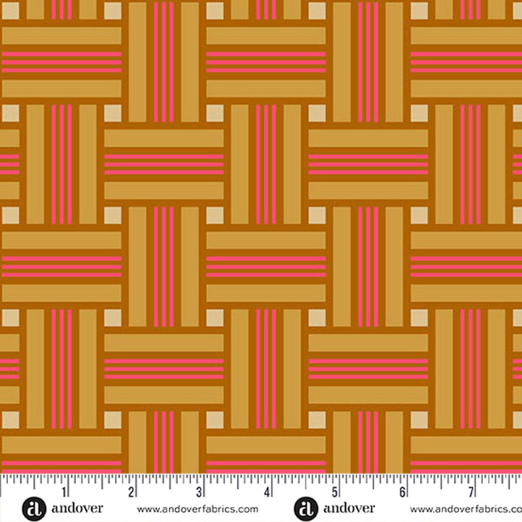 Fabric with warm toned woven- looking stripes with a ruler at the bottom for scale.