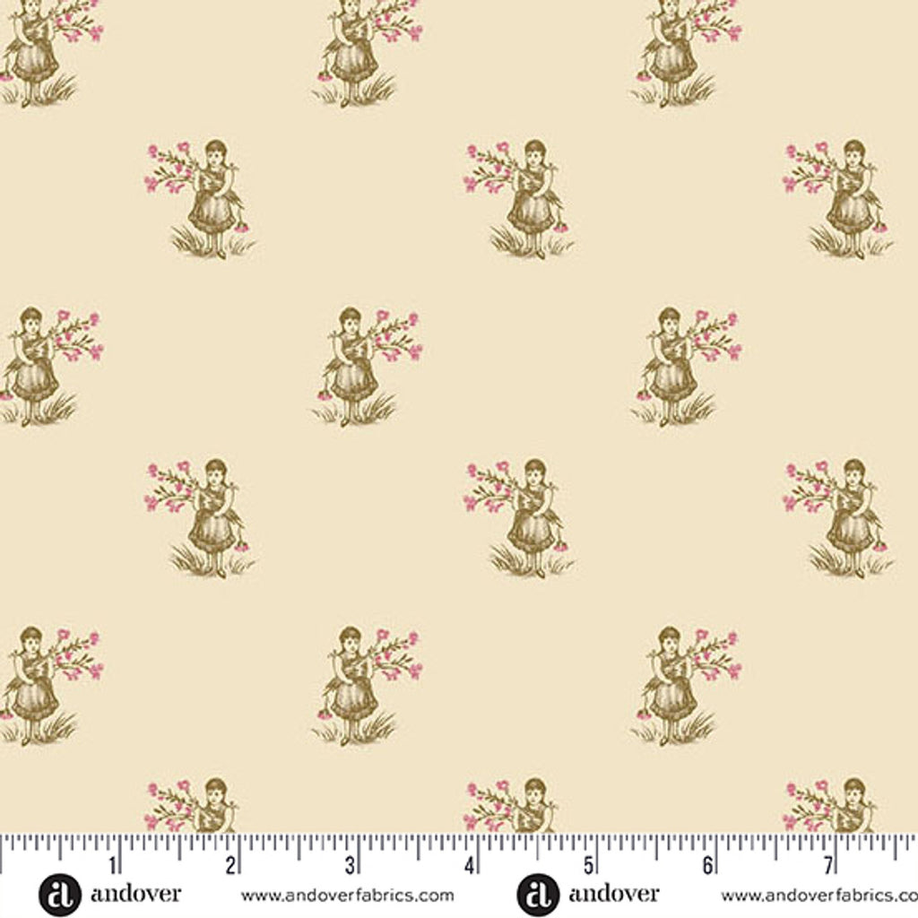 Cream colored fabric with girl holding flowers on it and a ruler at the bottom for scale.