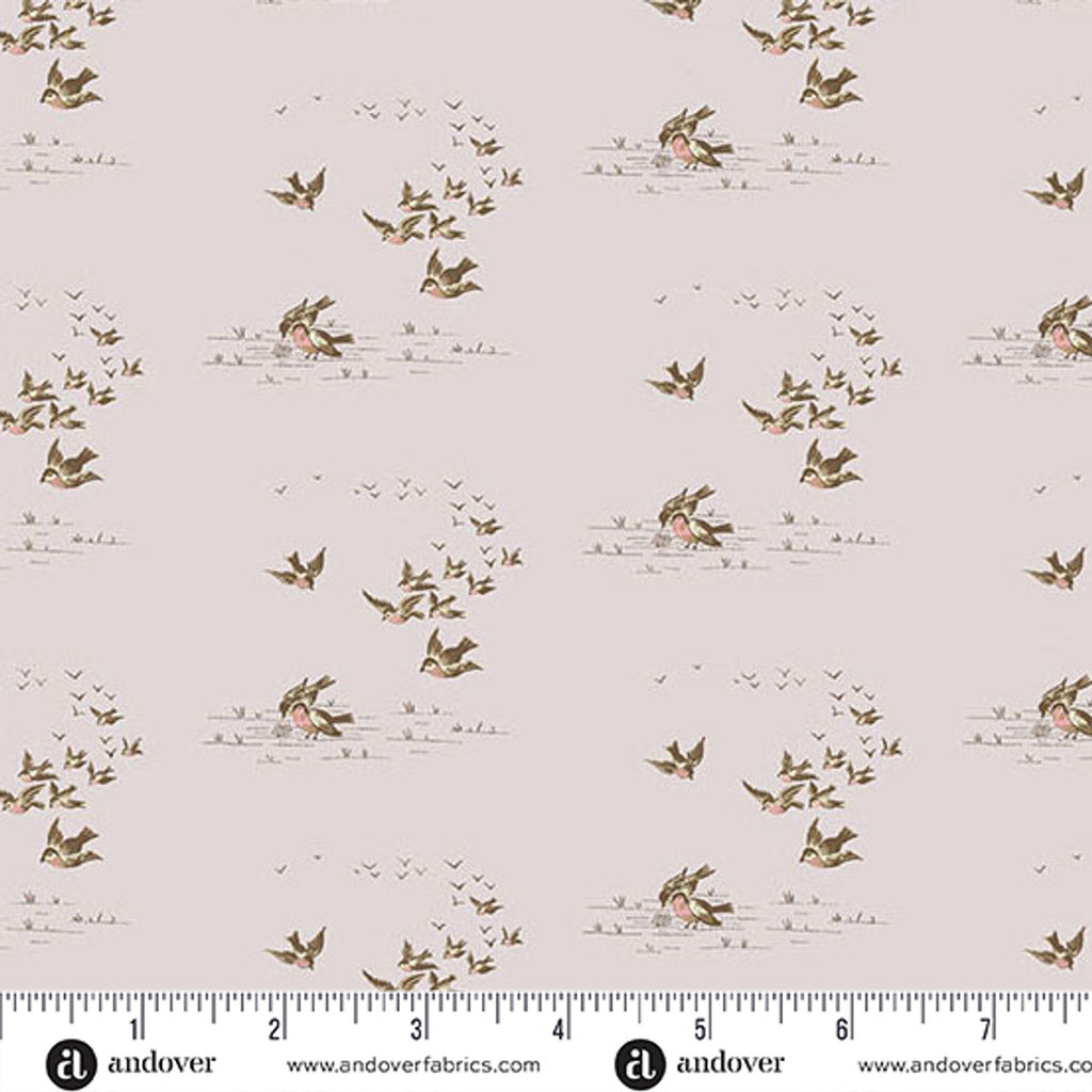Fabric swatch with flying birds and some landed on the ground on a lavender background.