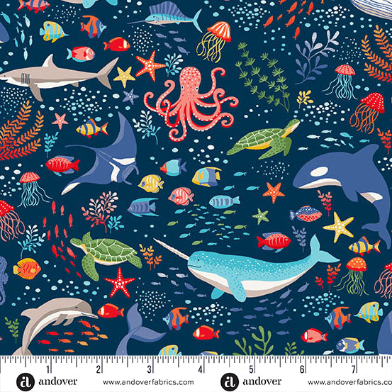 Andover - Makower - Deep Blue Sea - Creatures - Dark Blue