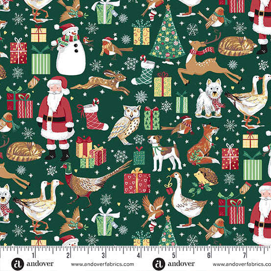 Christmas-themed fabric pattern with Santa Claus, reindeer, and presents on a green background.