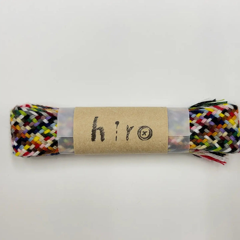 Multicolored braided cord with a 'hiro' label on a light gray background