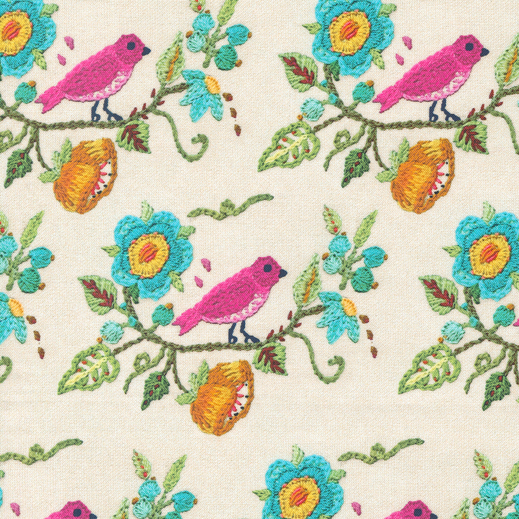Moda - Vintage Soul - Embroidered Birds and Flowers - Digital Print - Cloud