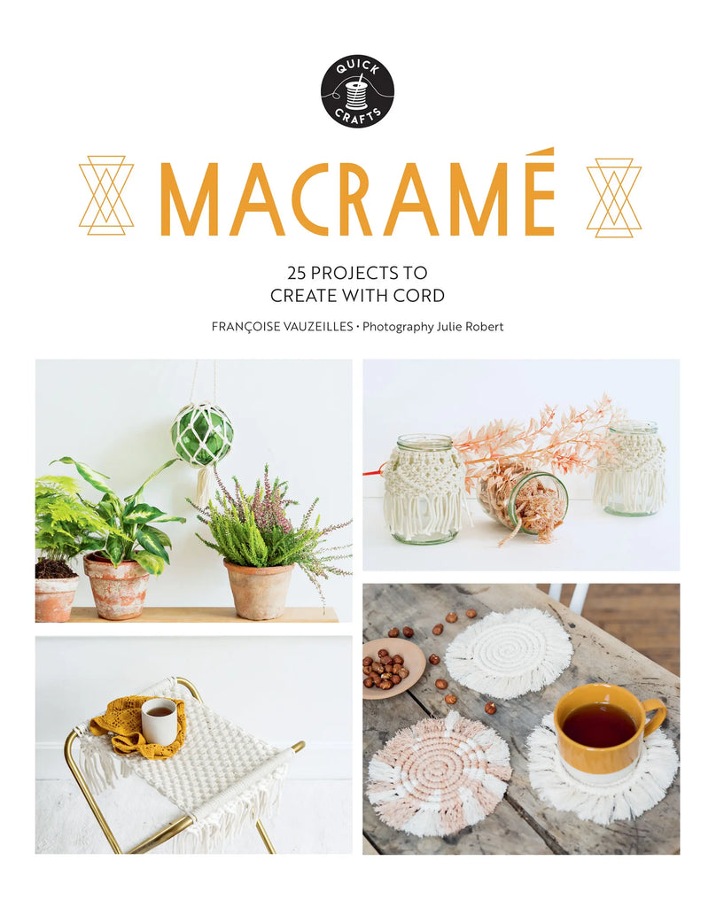 Book cover of 'Macrame' with images of macrame projects and brand logo.